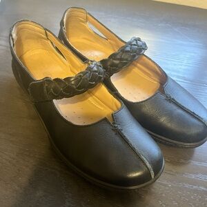 Hotter Black Leather Mary Jane’s  with Braided Detail Velcro closure
